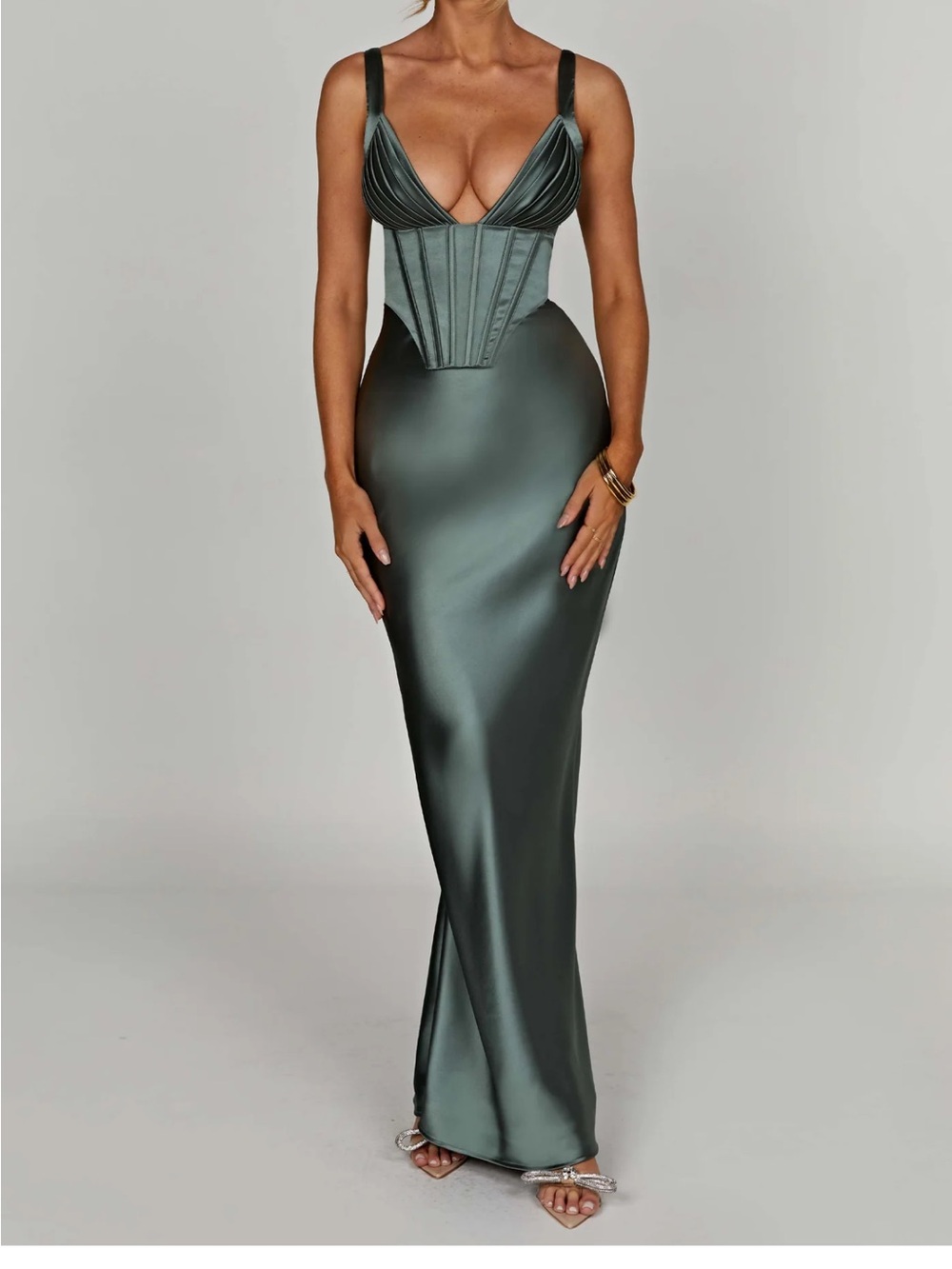 Sleeveless Satin Corset Maxi Dress in Deep Teal